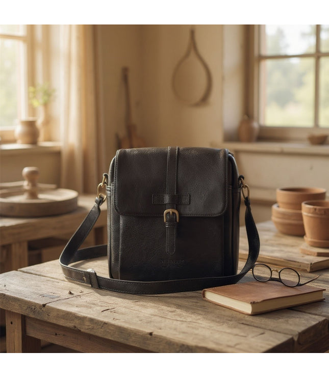 Genuine Leather Black Vintage Crossbody Messenger Travel Bag - Ashby