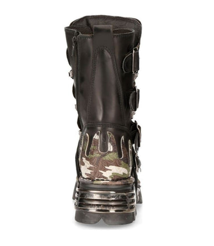 Rear heel view of New Rock M-591-S15 camo platform biker boot