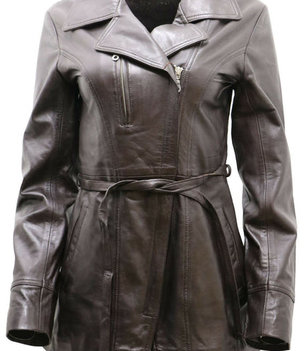 Womens Leather Long Biker Jacket-Muscat - Brown