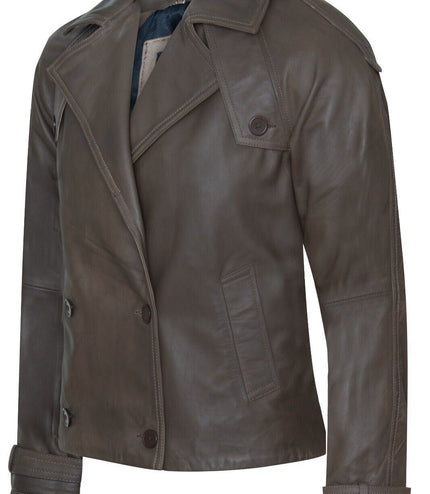 Womens Cropped Oversized Trench Leather Jacket - Canberra - Vintage Black