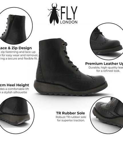Fly London Women’s Black Leather Lace-Up Ankle Boots- SARL069