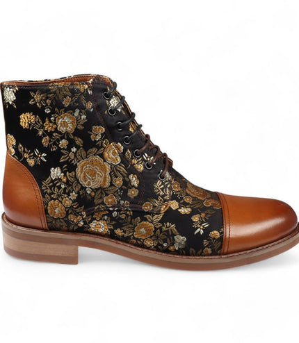 Justin Reess Men's Brown Floral Print Leather Oxford Ankle Boots - Adam