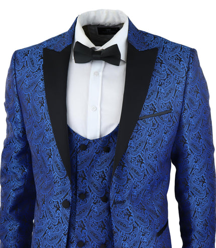 Mens Blue Tuxedo Blazer Waistcoat Brocade Black Satin Paisley Dinner Jacket
