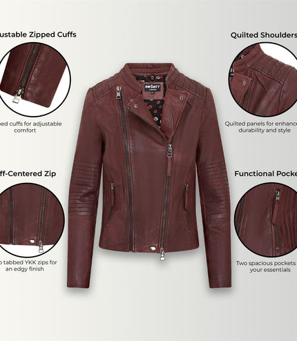 Womens Burgundy Biker Leather Jacket - Delhi