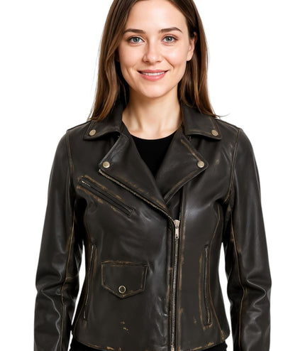 Women's Classic Brando Biker Leather Jacket - Broome - Vintage Black