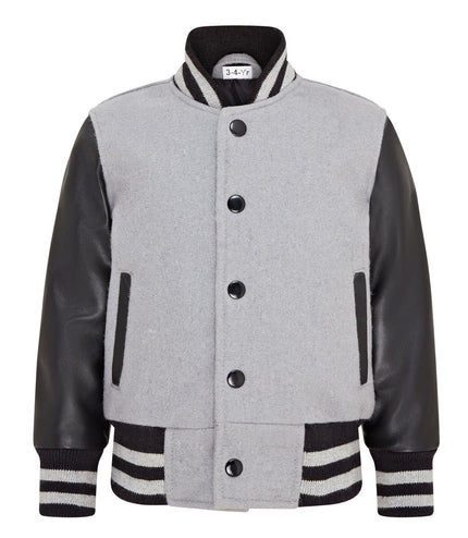 Kids Grey Wool Varsity Bomber Jacket with Real Leather Sleeves