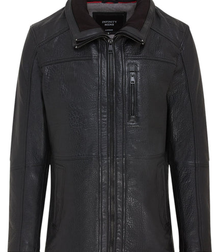 Mens Warm Mid-Length Leather Biker Coat - Sikander - Black