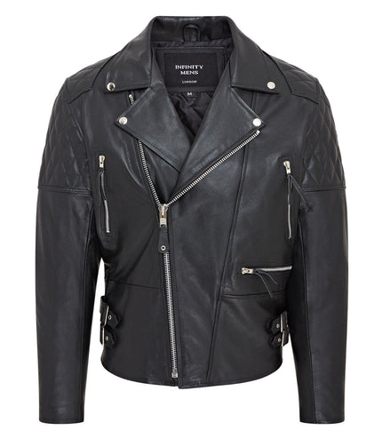 Mens Cowhide Leather Brando Biker Jacket - Garland - Black