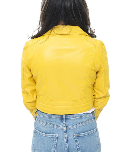 Womens Cropped Brando Leather Biker Jacket-Damascus - Silver