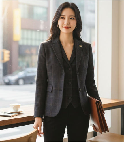 Women's Navy 2 Piece Check Formal Tweed Blazer & Waistcoat Set - TPSTZ-7