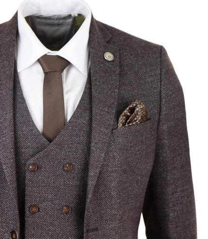 Mens Brown Wool 3 Piece Suit Double Breasted Tweed Peaky Blinders 1920