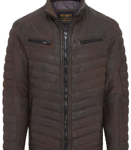 Men's Puffer Leather Biker Quilted Vintage Bomber Jacket - Brown
