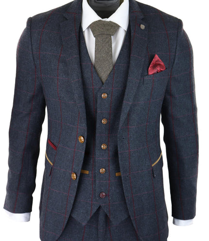 Mens Herringbone Tweed Suit 3 Piece Navy Blue Peaky Blinders 1920s Tailored Fit