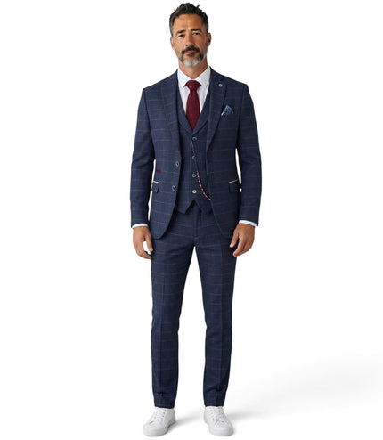 Men's Navy Blue Tweed 3 Piece Wool Blend Formal Suit - TP-32