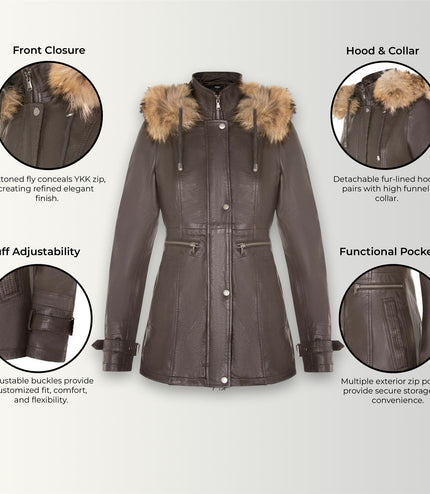 Womens Warm Leather Hooded Parka Jacket-Northwich - Brown