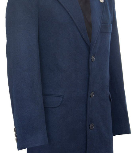 Men's Long Navy Wool Slim Fit Overcoat
