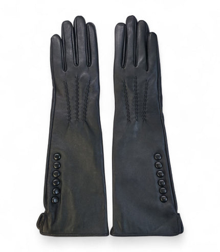 Womens Long Black Italian Leather Winter Button Design Soft Wool Lining Gloves - L-GLV-201