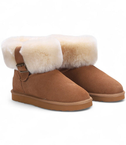 Women's Genuine Sheepskin Tan Suede Ankle Bootie Winter Boots - Granite