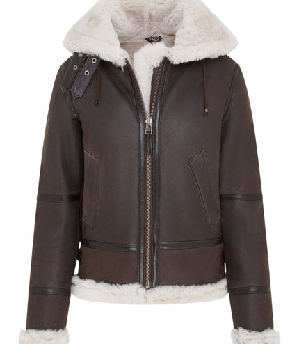 Womens Creck Brown Hooded Sheepskin Flying Leather Jacket-Palermo
