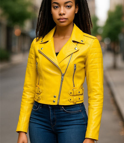 Womens Cropped Brando Leather Biker Jacket-Damascus - Yellow