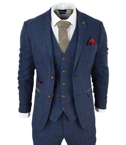 Mens Blue Tweed Check 3-Piece Suit