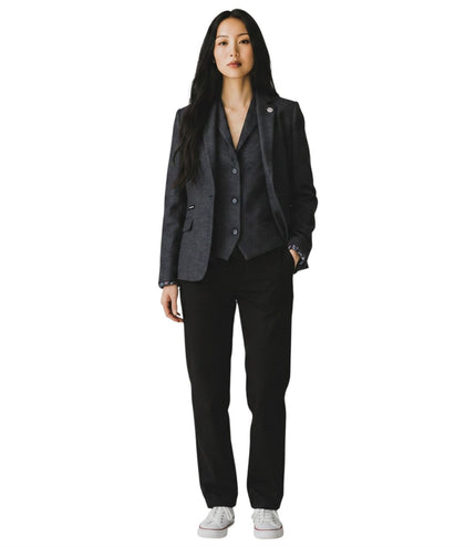 Women's Black Herringbone Wool Tweed Blazer Waistcoat 2 Piece Set - WS-1