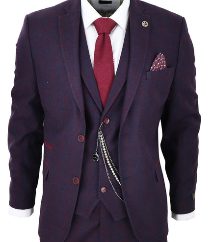 Mens 3 Piece Tweed Suit Plum Purple Check Peaky Blinders Classic 1920 Gatsby
