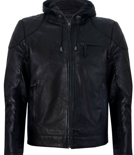 Mens Retro Hooded Leather Bomber Jacket-Zaria