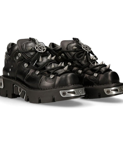 New Rock Black Leather Spiked Ankle Boots - 110-S1