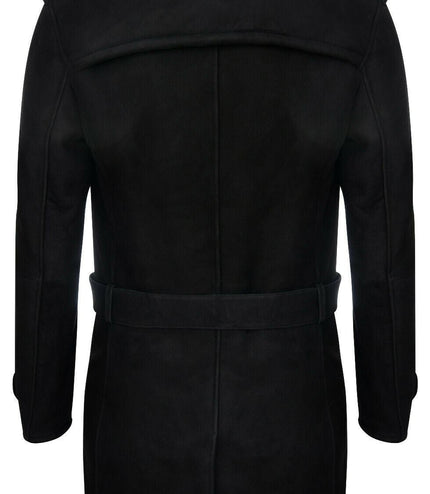 Mens Shearling Sheepskin Suede Pea Coat-Cali - Black