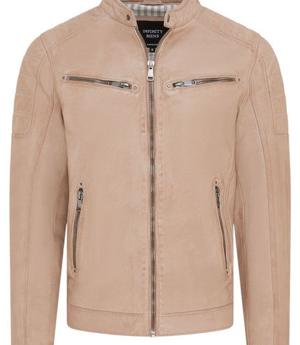 Men's Modern Classic Leather Quilted Biker Jacket - Derry - Beige