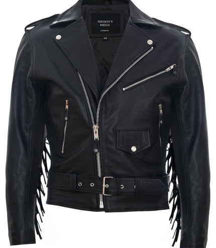 Mens Fringe Hide Leather Biker Jacket- Tokyo