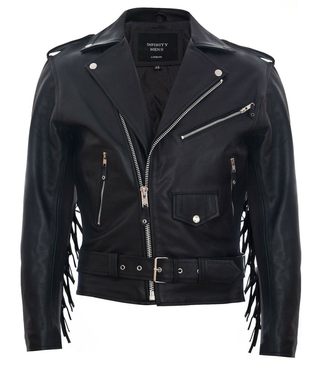 Mens Fringe Hide Leather Biker Jacket- Tokyo