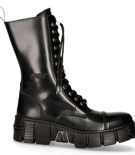 New Rock Black Leather Mid-Calf Tower Biker Boots-M-Wall127N-C1