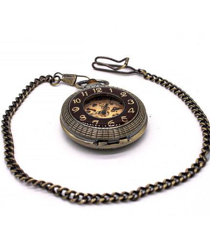 Antique Gold Wooden Half-Hunter Skeleton Alloy Pocket Watch