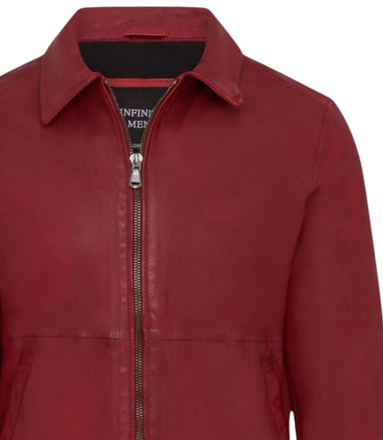 Mens Leather Red Harrington Collar Biker Jacket - Alpha
