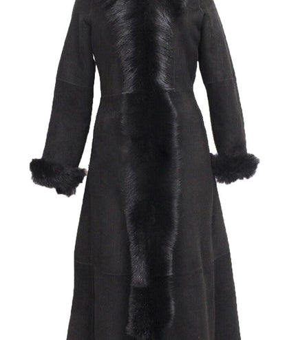 Womens Black Suede Toscana Sheepskin Hooded Trench Coat-Rushden