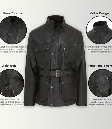 Men's Black Lamb Leather Safari Parka Jacket - Edinburgh