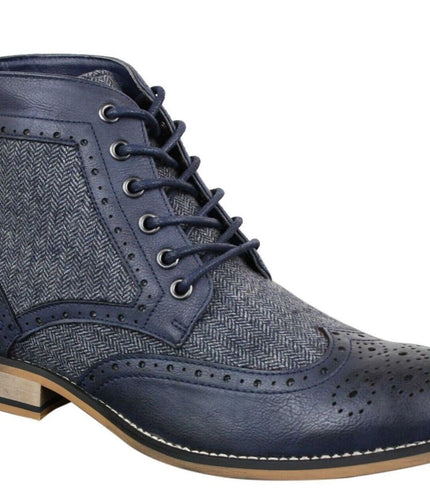 Mens Classic Tweed Oxford Ankle Boots In Navy Leather