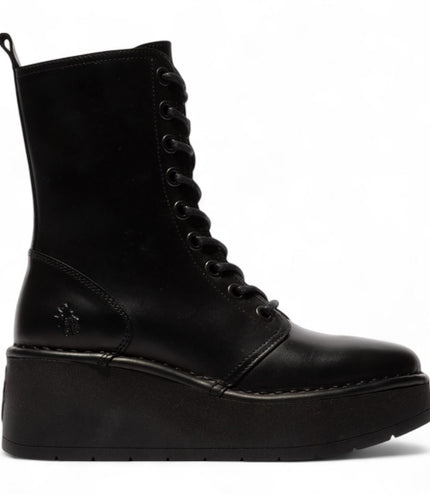 Fly London Womens Black Hait273 Leather Lace-Up Chunky Platform Ankle Boots