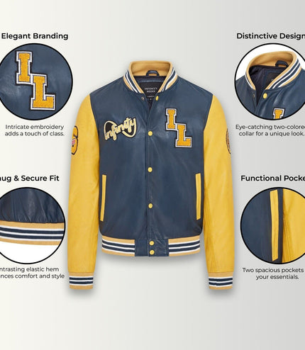 Mens Baseball Leather Letterman Bomber Jacket - Ashwood - Blue