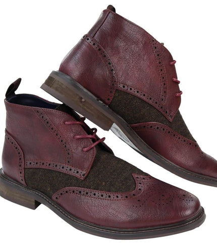 Mens Classic Tweed Oxford Brogue Ankle Boots In Wine Leather