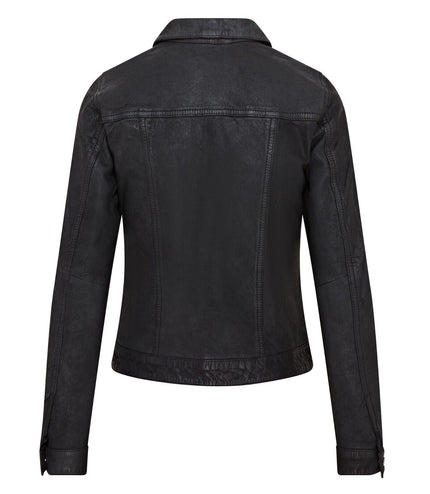 Womens Black Leather Trucker Jeans Jacket-  Doha