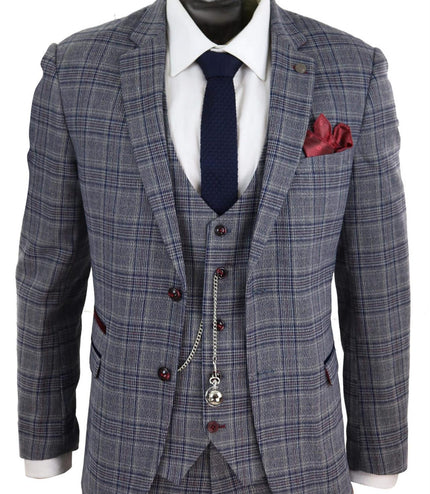 Mens 3 Piece Grey Herringbone Tweed Check Suit