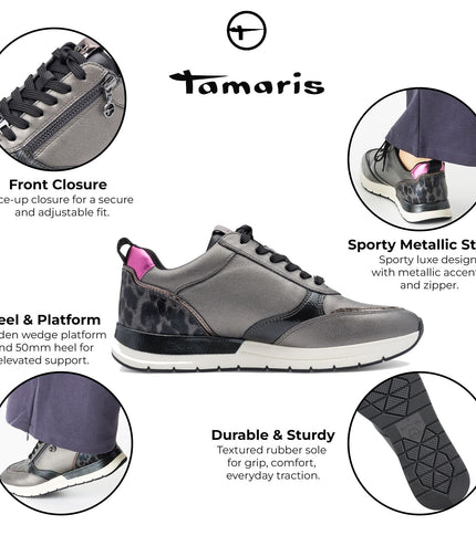 Tamaris Womens Pewter Silver Pink Fashion Lace-Up Zipped Sneakers Trainers