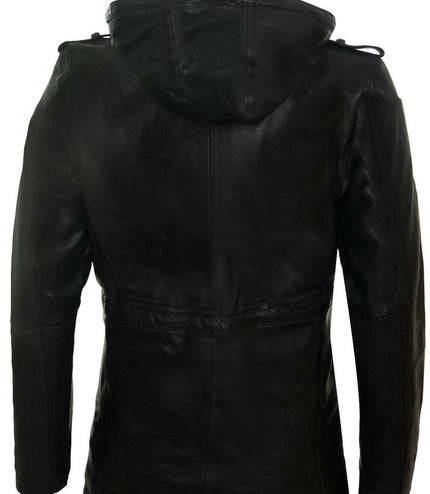 Mens Leather Hooded Trench Coat-Medellin - Black