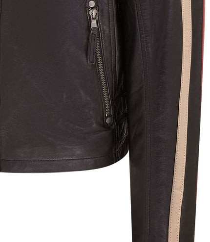 Mens Black Cafe Racer Striped Leather Jacket Vintage Biker Motorcycle Jacket
