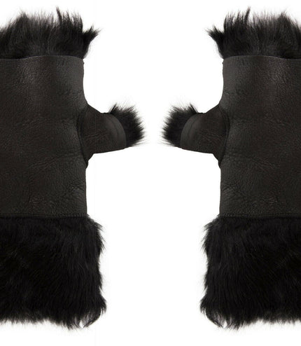 Womens Shearling  Mittens Fingerless Cuffs Toscana Suede Sheepskin Fur - Nappa Black