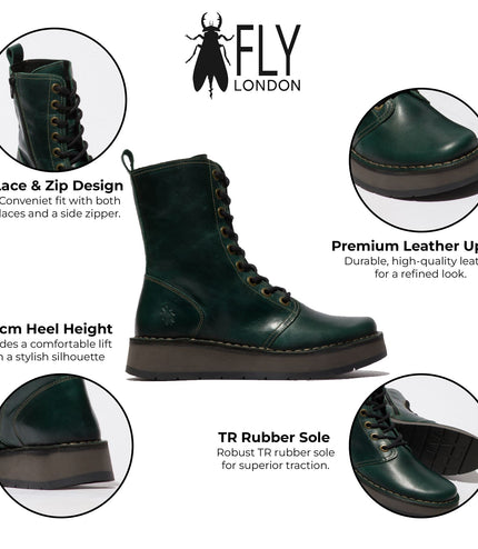Fly London Womens Green Rami043 Casual Leather Lace-Up Ankle Dress Boots