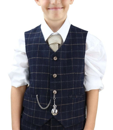 Boys 3 Piece Navy Blue Tweed Check Classic  Suit